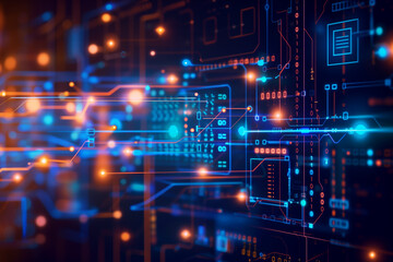 Circuit board-inspired background with dynamic neon lines and pulsating data points, creating a vibrant tech-inspired atmosphere.