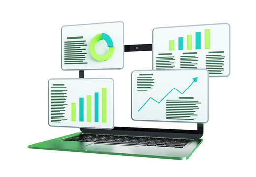 A laptop displaying multiple floating data charts with graphs in green shades. Isolated on a white background. Concept of business analytics. 3D Rendering.