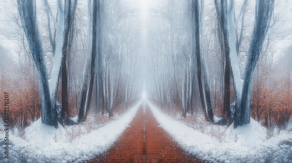 Poster a snowy winter scene with a path leading through a frosty forest and snow-covered trees on either si
