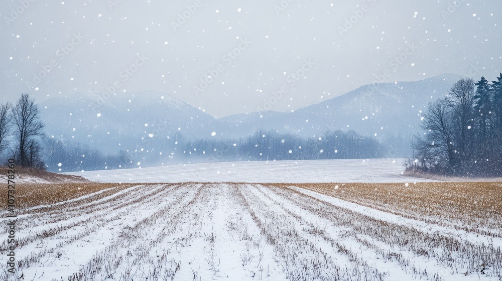 Poster a soft snowstorm drifting over an empty winter field with a distant mountain range in the background