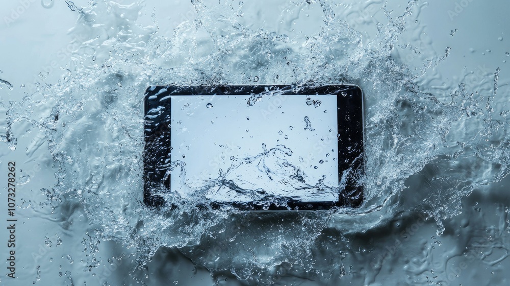 Poster a tablet computer submerged in water with a splash of water.