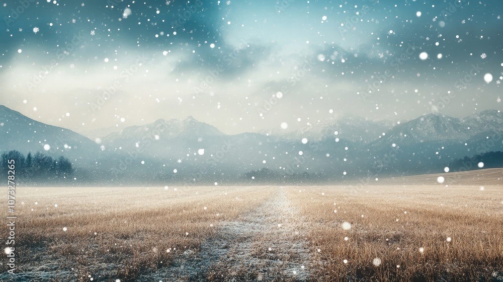 Poster a soft snowstorm drifting over an empty winter field with a distant mountain range in the background