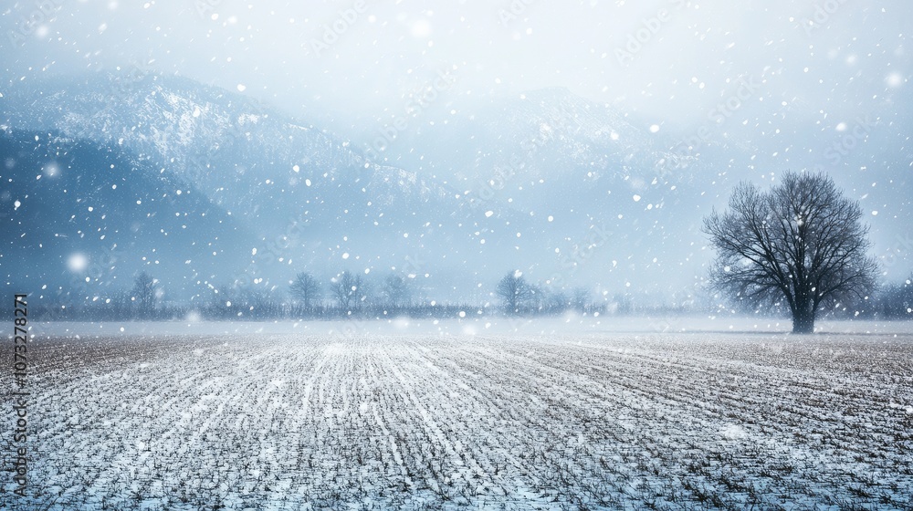 Poster a soft snowstorm drifting over an empty winter field with a distant mountain range in the background