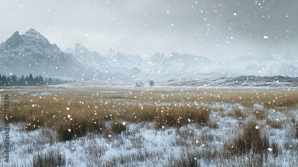 Poster a soft snowstorm drifting over an empty winter field with a distant mountain range in the background