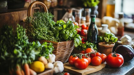 Fresh Organic Vegetables and Herbs Displayed on Wooden Table, Featuring a Basket of Greens, Red Tomatoes, and Various Culinary Ingredients in Cozy Kitchen Setting