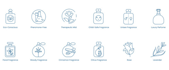 Vector Icons for Eco-Conscious, Pheromone-Free, Therapeutic Mist, Child-Safe Fragrance, Unisex Fragrance, Luxury Perfume, Floral, Woody, Cinnamon, Citrus, Rose, and Lavender Fragrances   
