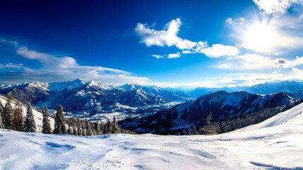 A breathtaking panoramic view of snow-covered mountains under a clear blue sky, showcasing the beauty of winter landscapes in a serene and tranquil setting.