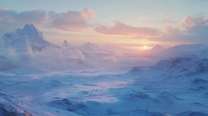 Fototapeta premium A vast snow-covered landscape with mountains in the distance and the faint glow of the winter sun on the horizon