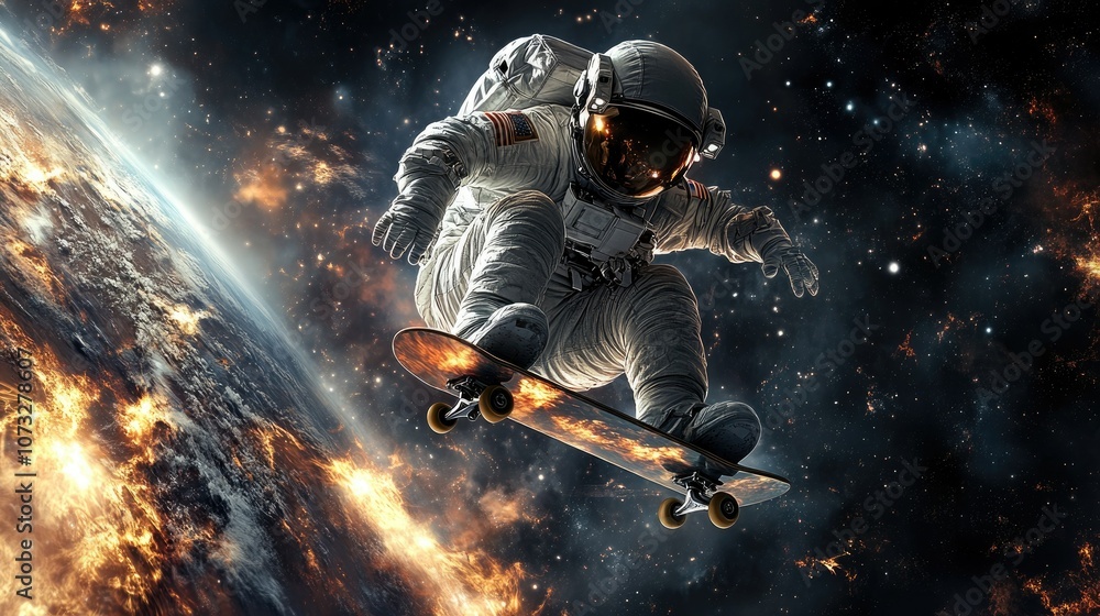 Poster an astronaut in a spacesuit is skateboarding in space with a burning earth in the background.