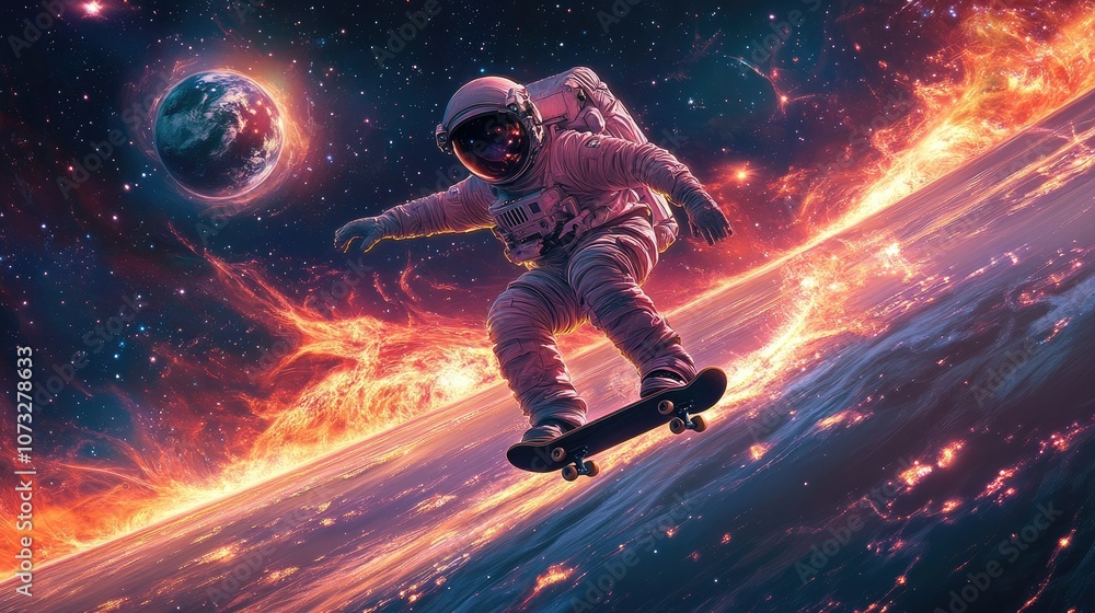 Poster an astronaut in a spacesuit riding a skateboard in space, with a view of earth and fiery trails in t