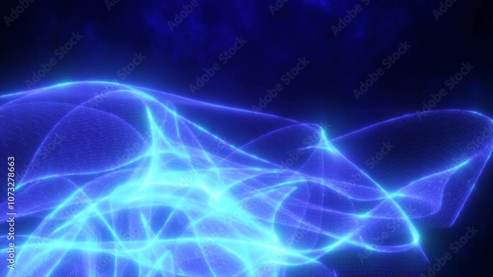 Poster abstract neon blue light waves on a dark background, creating a dynamic and futuristic energy flow. 
