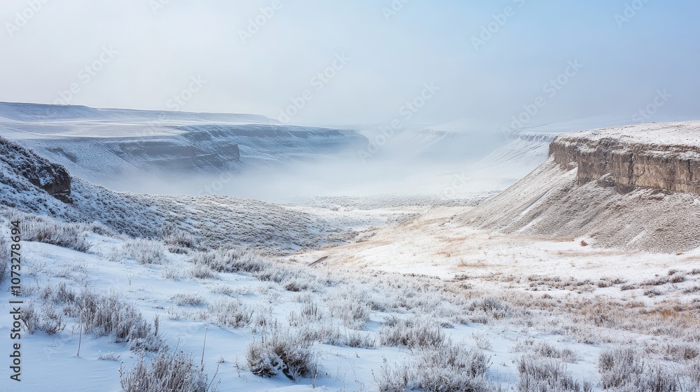 Poster a wide-angle view of snow-covered valleys with a faint layer of fog rolling through the landscape