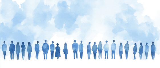 A serene watercolor illustration of diverse silhouettes standing in a line against a soft blue backdrop, evoking unity and connection.
