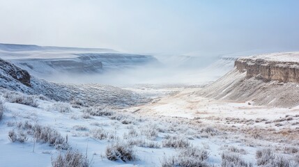 A wide-angle view of snow-covered valleys with a faint layer of fog rolling through the landscape
