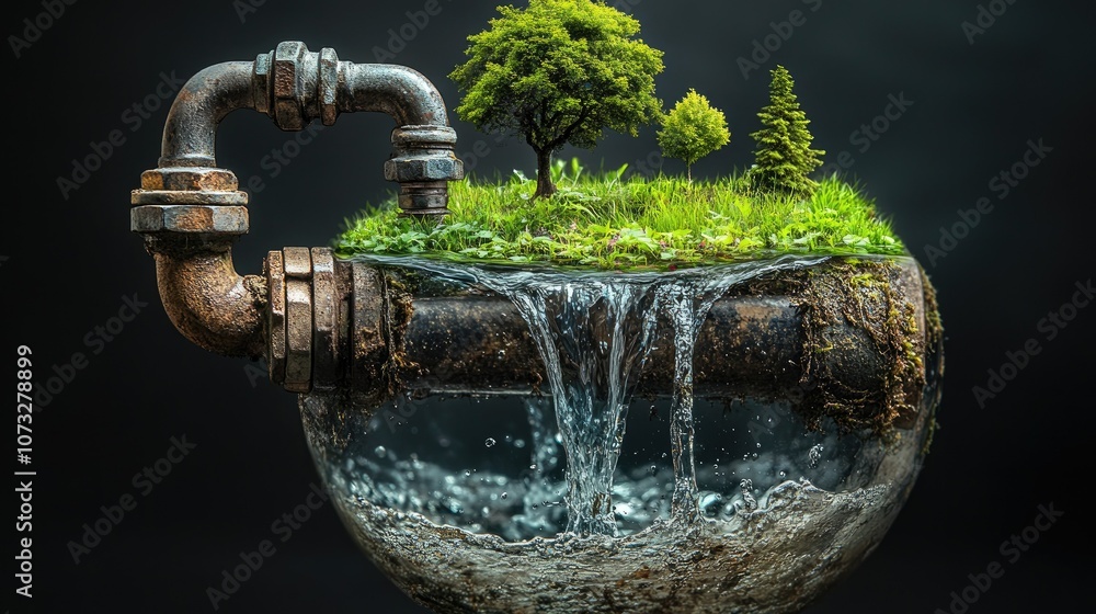 Poster a small, lush, green island with a small tree and a waterfall flowing from a rusty pipe.