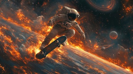 Naklejka premium An astronaut skateboarding on a fiery planet in space.
