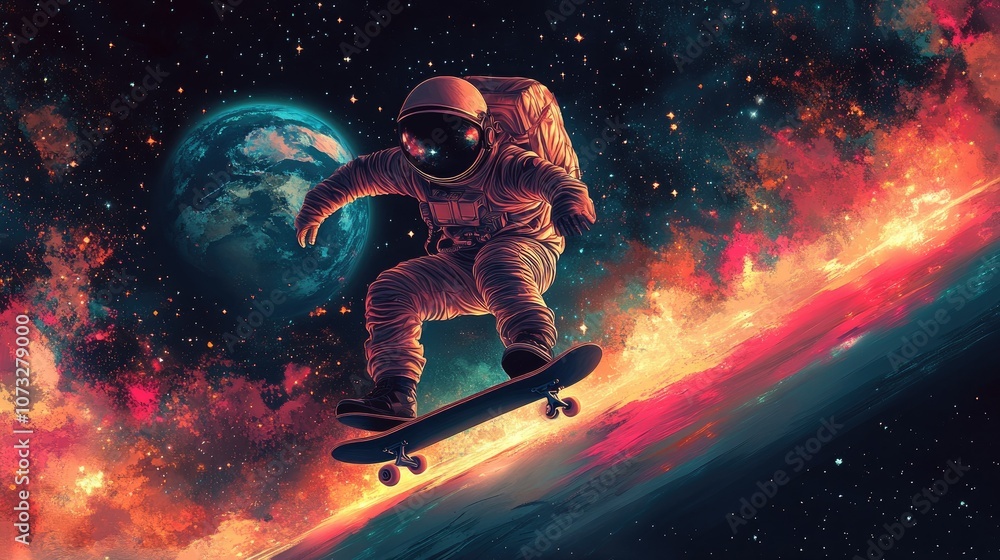 Poster an astronaut on a skateboard floats through space, with earth visible in the background and a fiery 