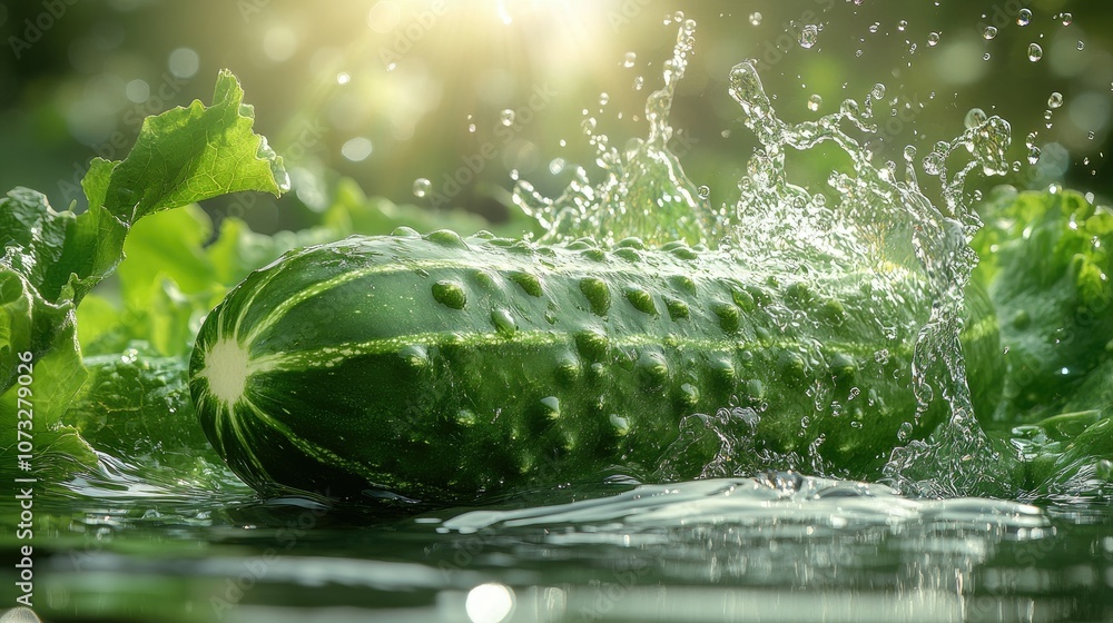Poster a fresh green cucumber with water droplets splashing around it.