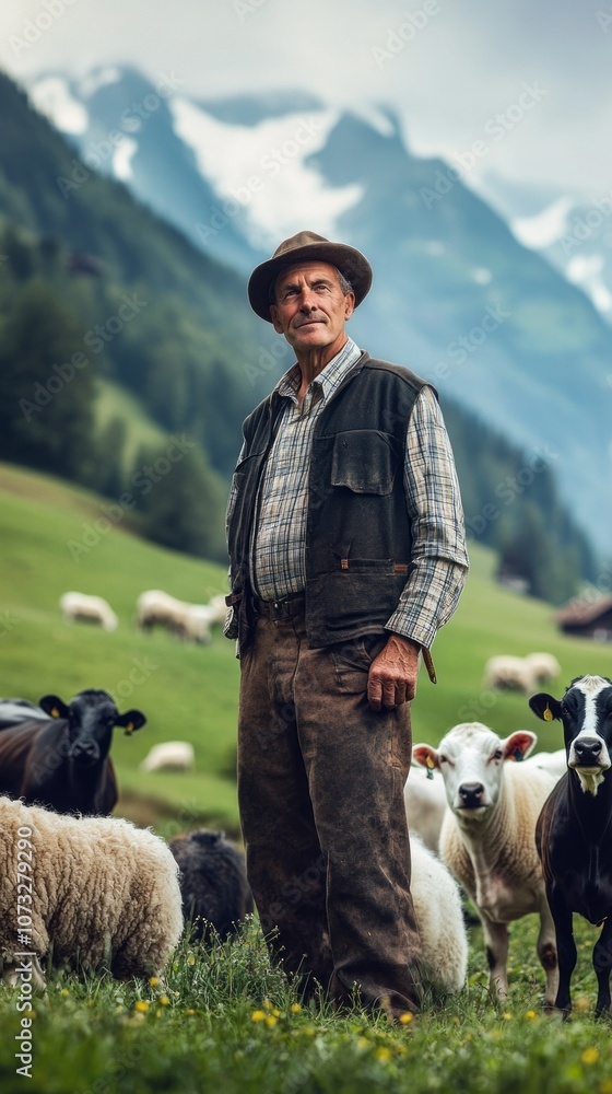 Poster a man stands in a field with a herd of sheep
