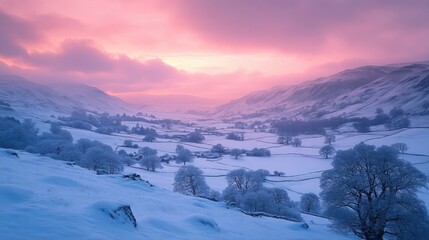 Obraz premium A wintry sunrise casting a soft pink light over snow-covered hills and mountains