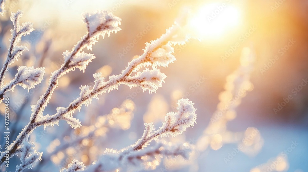 Aufkleber frosty branches covered in snow, creating intricate ice patterns against a backdrop of winter sunlig