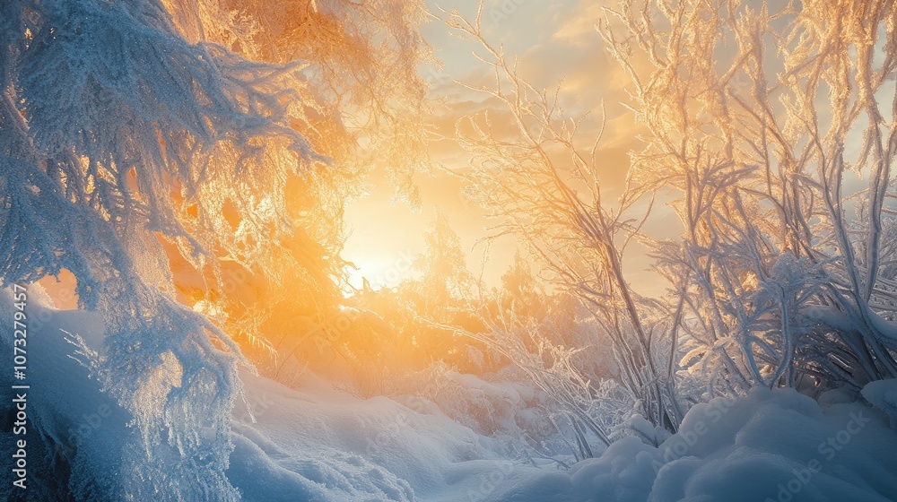 Poster frosty branches covered in snow, creating intricate ice patterns against a backdrop of winter sunlig