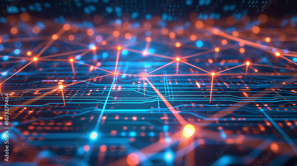 Poster cyber style grid with layers of holographic data streams, neon circuits, and digital nodes, capturin