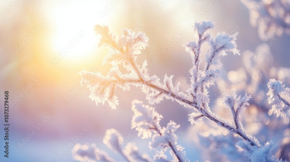 Poster frosty branches covered in snow, creating intricate ice patterns against a backdrop of winter sunlig