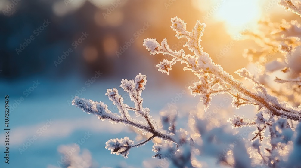 Aufkleber frosty branches covered in snow, creating intricate ice patterns against a backdrop of winter sunlig