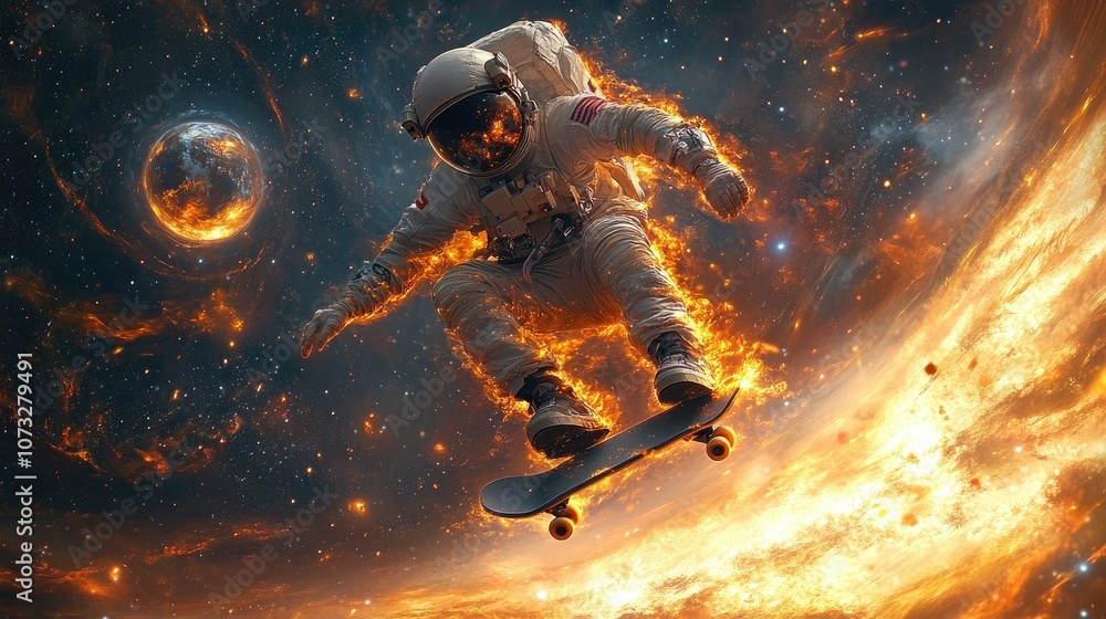 Poster an astronaut in a fiery spacesuit skateboarding in space with a planet in the background.