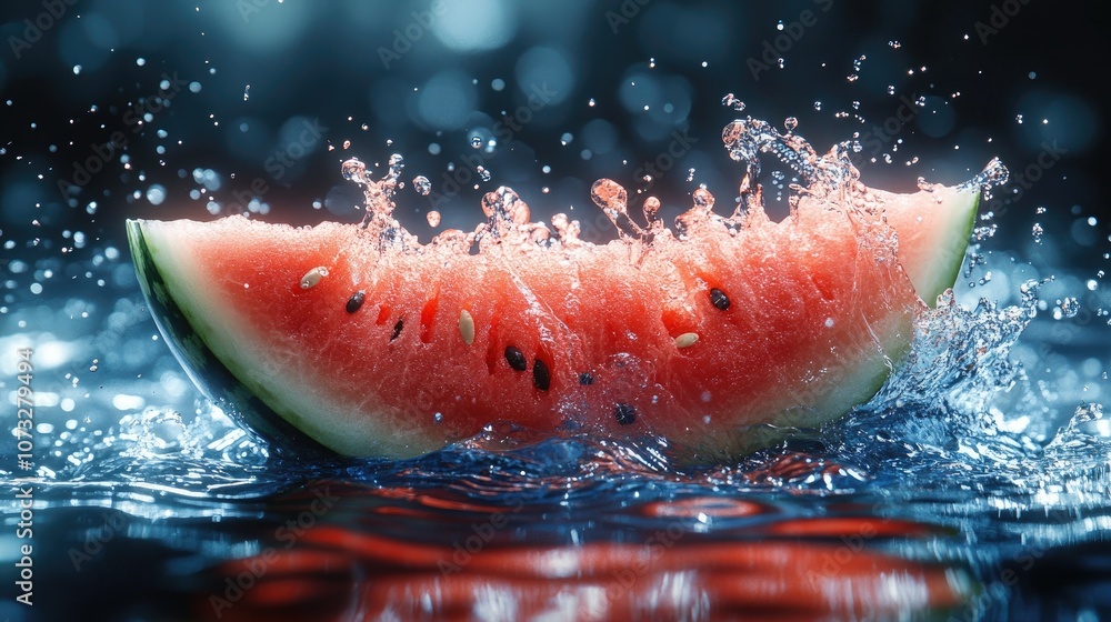 Poster a slice of watermelon splashes into a pool of water, creating a refreshing summer scene.