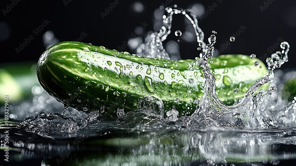 Poster a fresh cucumber splashing in water, creating a dynamic display of water droplets and spray.