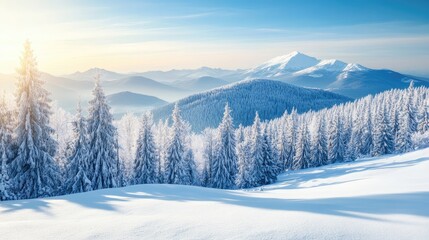 Obraz premium Snow-covered hills and mountains with a clear blue sky above and soft sunlight shining down