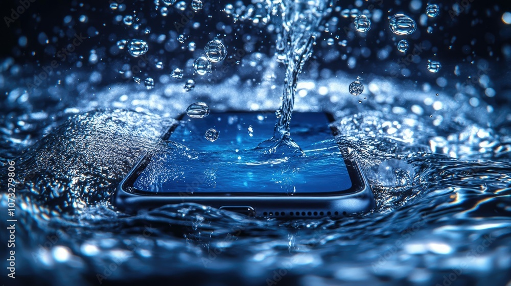 Poster a smartphone submerged in water with water splashing around it.