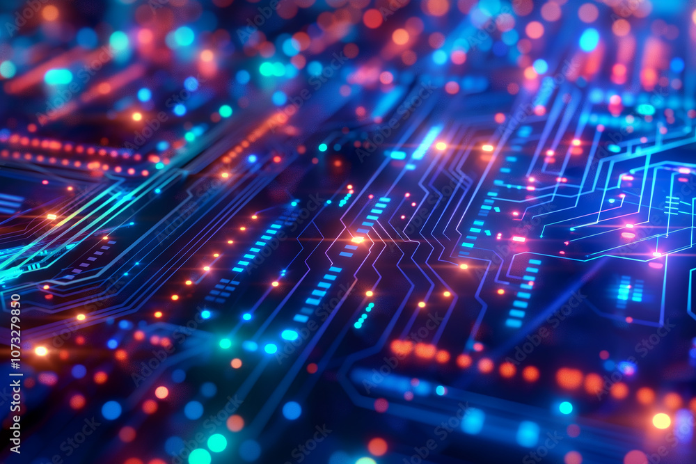 Poster cyber style grid with layers of holographic data streams, neon circuits, and digital nodes, capturin