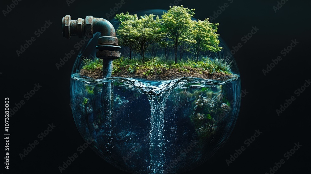 Poster a small island with trees in a water-filled sphere with a faucet on the side, symbolizing the import