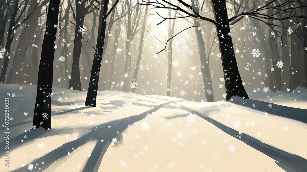 Poster snowflakes gently falling over a quiet forest glade with bare trees and soft shadows
