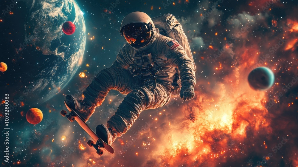 Poster an astronaut in a white spacesuit is skateboarding through space towards earth. there are multiple p
