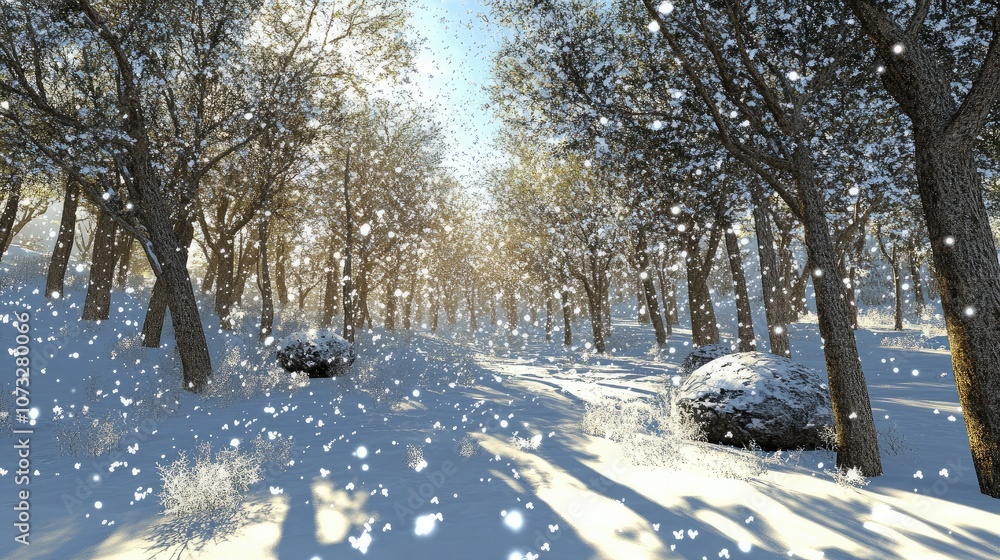 Aufkleber snowflakes gently falling over a quiet forest glade with bare trees and soft shadows