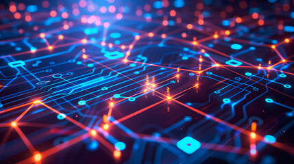 Fototapeta premium Cyber style grid with layers of holographic data streams, neon circuits, and digital nodes, capturing a futuristic cyber aesthetic. cyber tech wallpaper background 