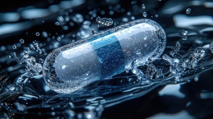 A transparent blue and white capsule with a water splash, on a black background.