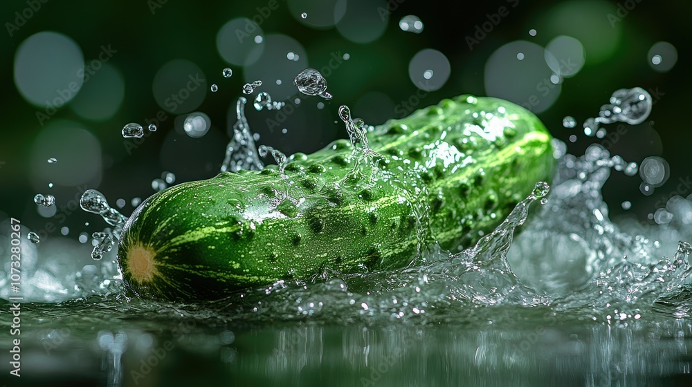 Poster a fresh green cucumber is submerged in water, creating a splash of droplets.
