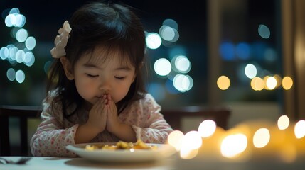 Young Child with Bow Praying Over Plate of Food at Dinnertime with Blurry Nighttime Background and Soft Candle Light Glowing in the Foreground