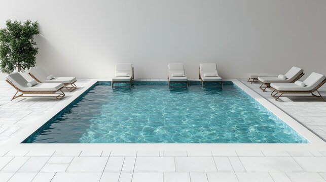 Modern swimming pool with white lounge chairs in a minimalist setting.