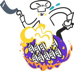 大きいフライパンで強火で大量のギョーザを調理するコック　ストックイラスト素材
