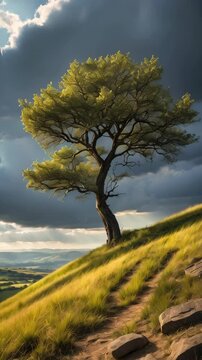 Lone tree on a green hill, stormy sky in background, beautiful light before storm