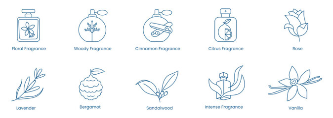 Vector Icons Featuring Floral, Woody, Cinnamon, Citrus, Rose, Lavender, Bergamot, Sandalwood, Intense, and Vanilla Fragrances