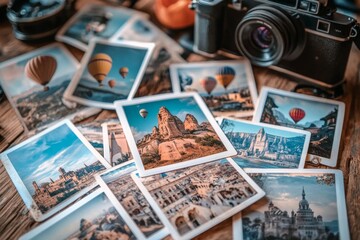 A camera sits on a table with a bunch of pictures of different places