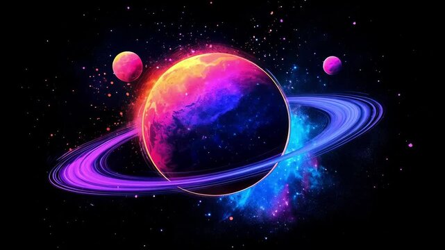 Space theme background with planets and stars in neon light. International cosmonautics day.
