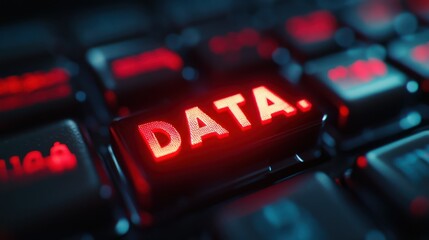 Close-up of a glowing red "DATA" key on a black keyboard.